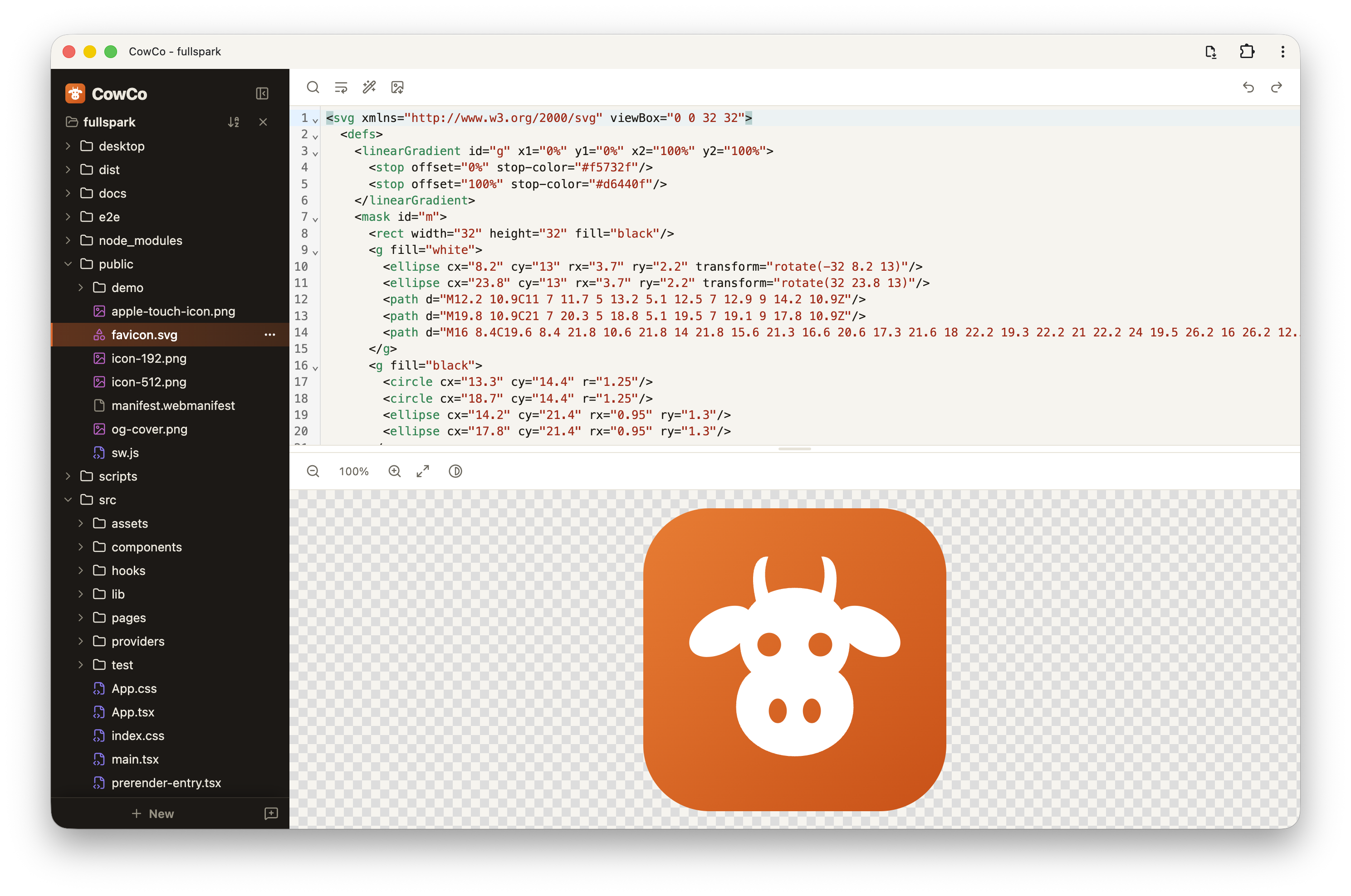 CowCo opened on a folder, showing the file list on the left and an editor pane on the right.